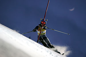 Under the crescent moon, US Resi Stiegler attacks a gate during her 2nd run in the Women's Slalom race at the Alpine Skiing World Championships in Santa Caterina, Friday 11 February 2005. EPA/MIRKO GUARRIELLO